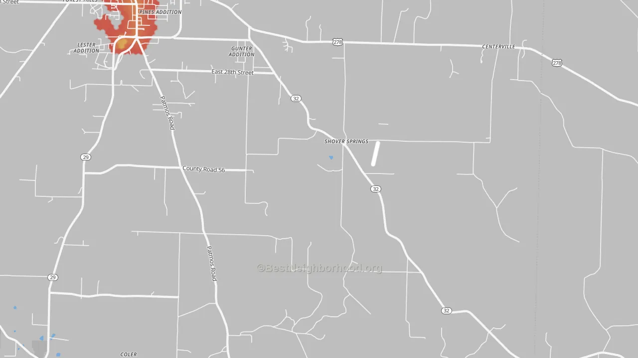 Walk Grade map of Shover Springs, AR, walkable areas in green and car-dependent areas in red