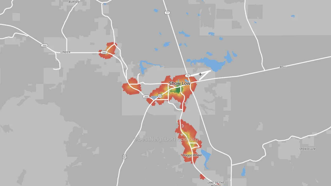 Walk Grade map of Show Low, AZ, walkable areas in green and car-dependent areas in red