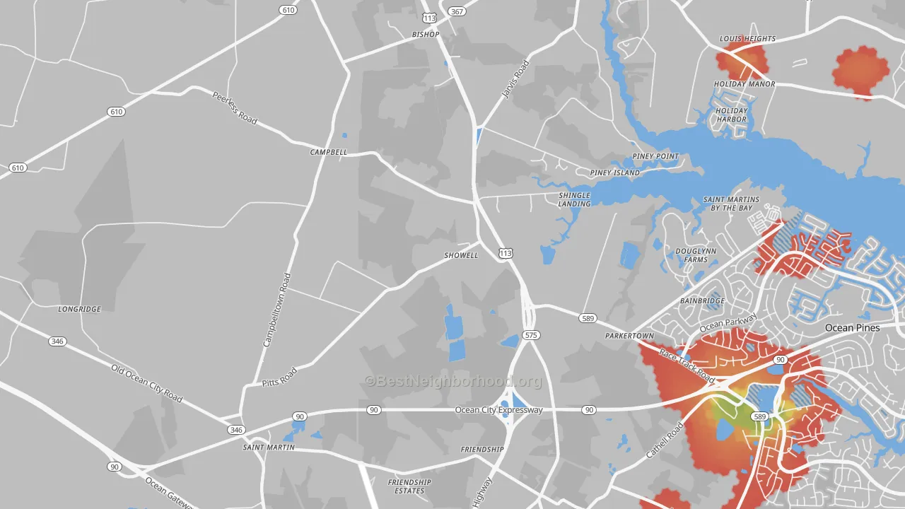 Walk Grade map of Showell, MD, walkable areas in green and car-dependent areas in red