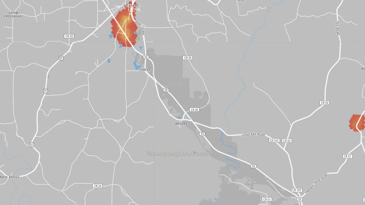 Walk Grade map of Shreve, AL, walkable areas in green and car-dependent areas in red