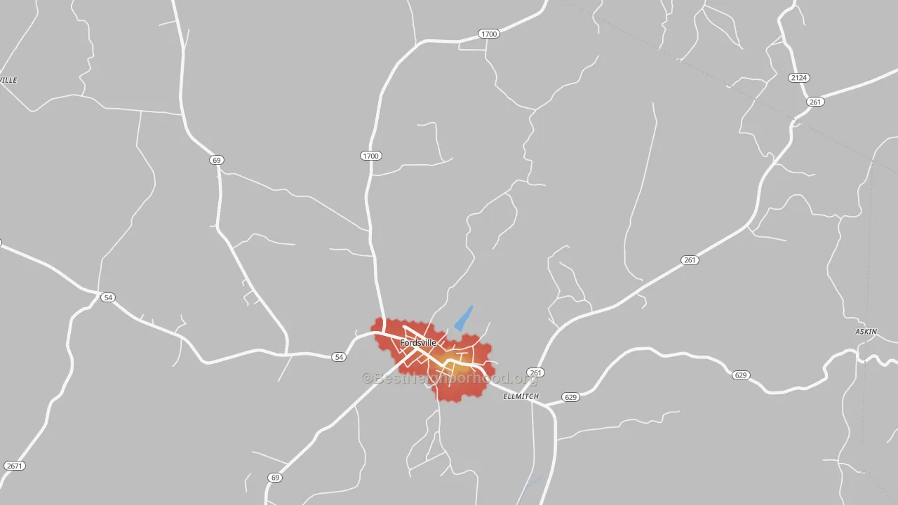 Walk Grade map of Shreve, KY, walkable areas in green and car-dependent areas in red