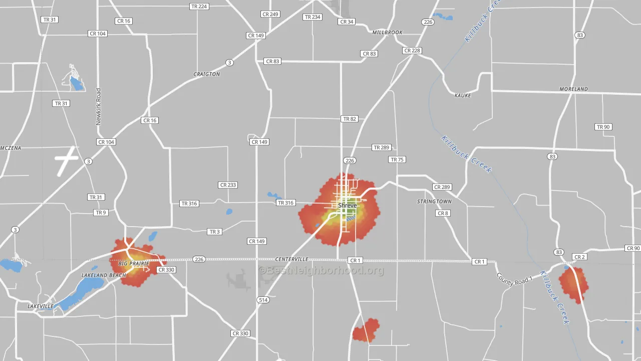 Walk Grade map of Shreve, OH, walkable areas in green and car-dependent areas in red