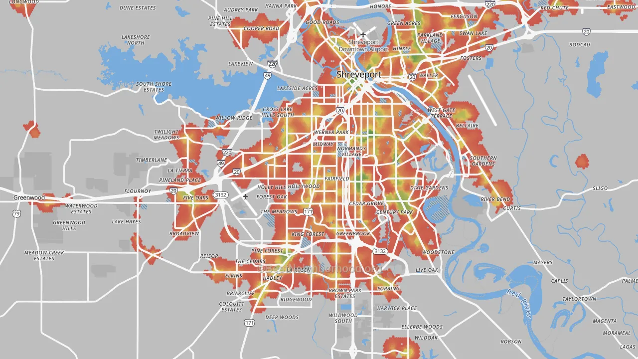Walk Grade map of Shreveport, LA, walkable areas in green and car-dependent areas in red