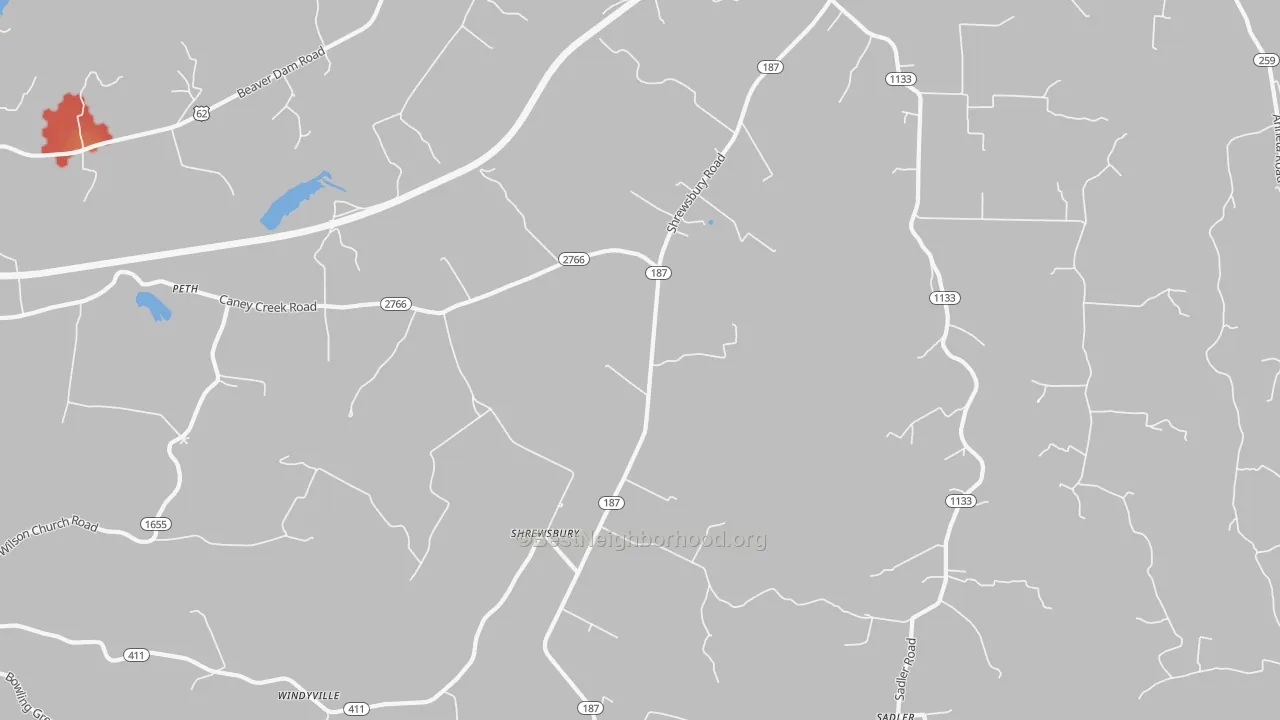 Walk Grade map of Shrewsbury, KY, walkable areas in green and car-dependent areas in red