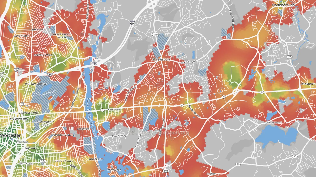 Walk Grade map of Shrewsbury, MA, walkable areas in green and car-dependent areas in red