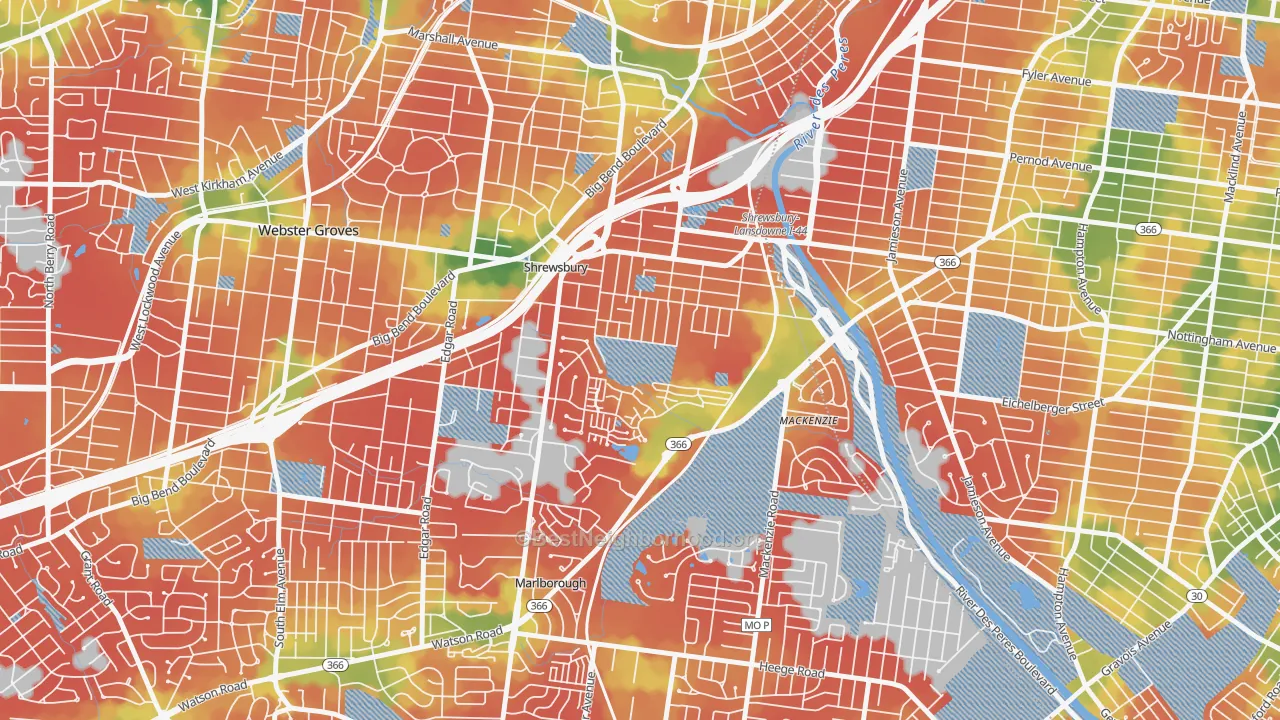 Walk Grade map of Shrewsbury, MO, walkable areas in green and car-dependent areas in red