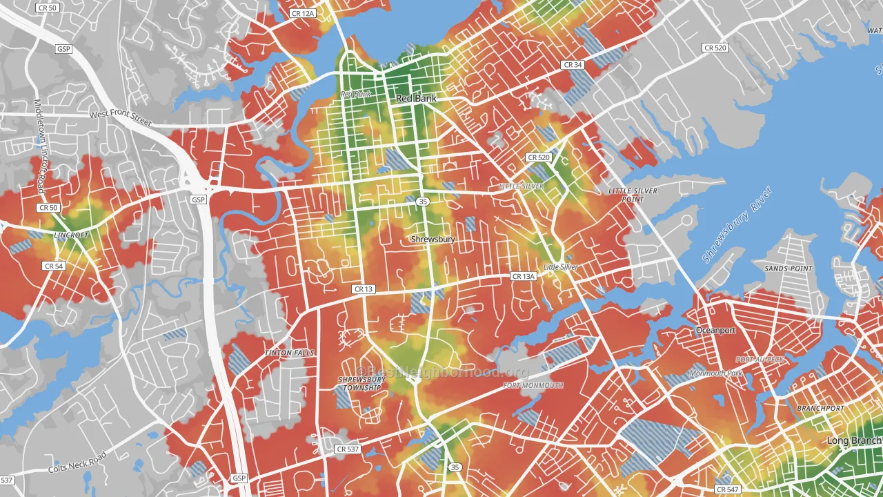 Walk Grade map of Shrewsbury, NJ, walkable areas in green and car-dependent areas in red