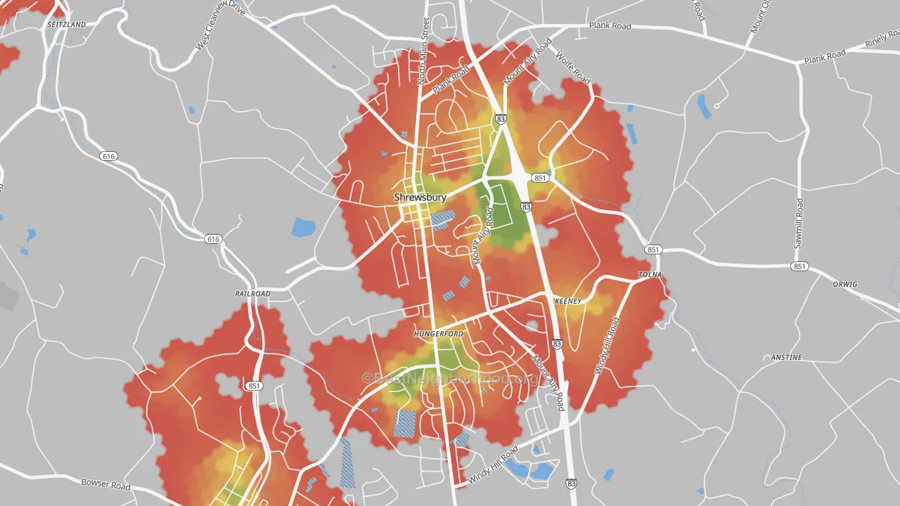 Walk Grade map of Shrewsbury, PA, walkable areas in green and car-dependent areas in red