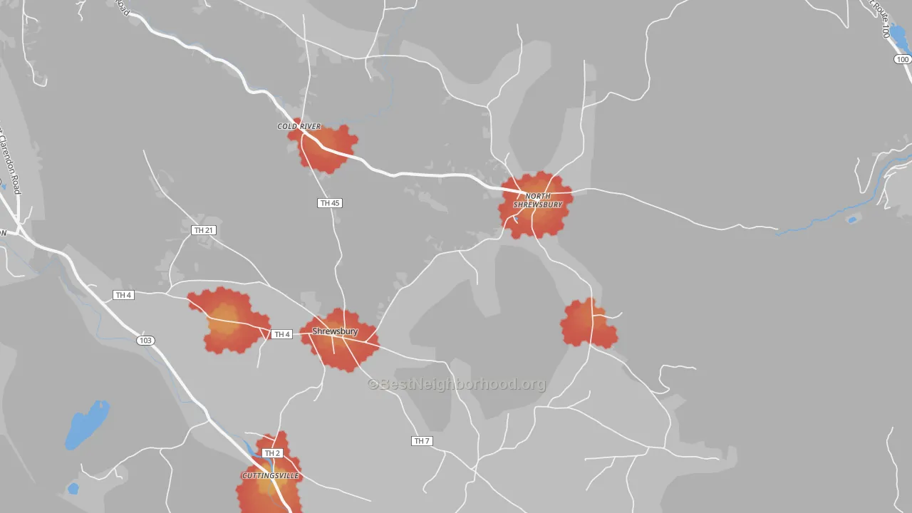 Walk Grade map of Shrewsbury, VT, walkable areas in green and car-dependent areas in red