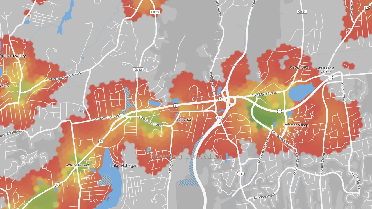 Walk Grade map of Shrub Oak, NY, walkable areas in green and car-dependent areas in red