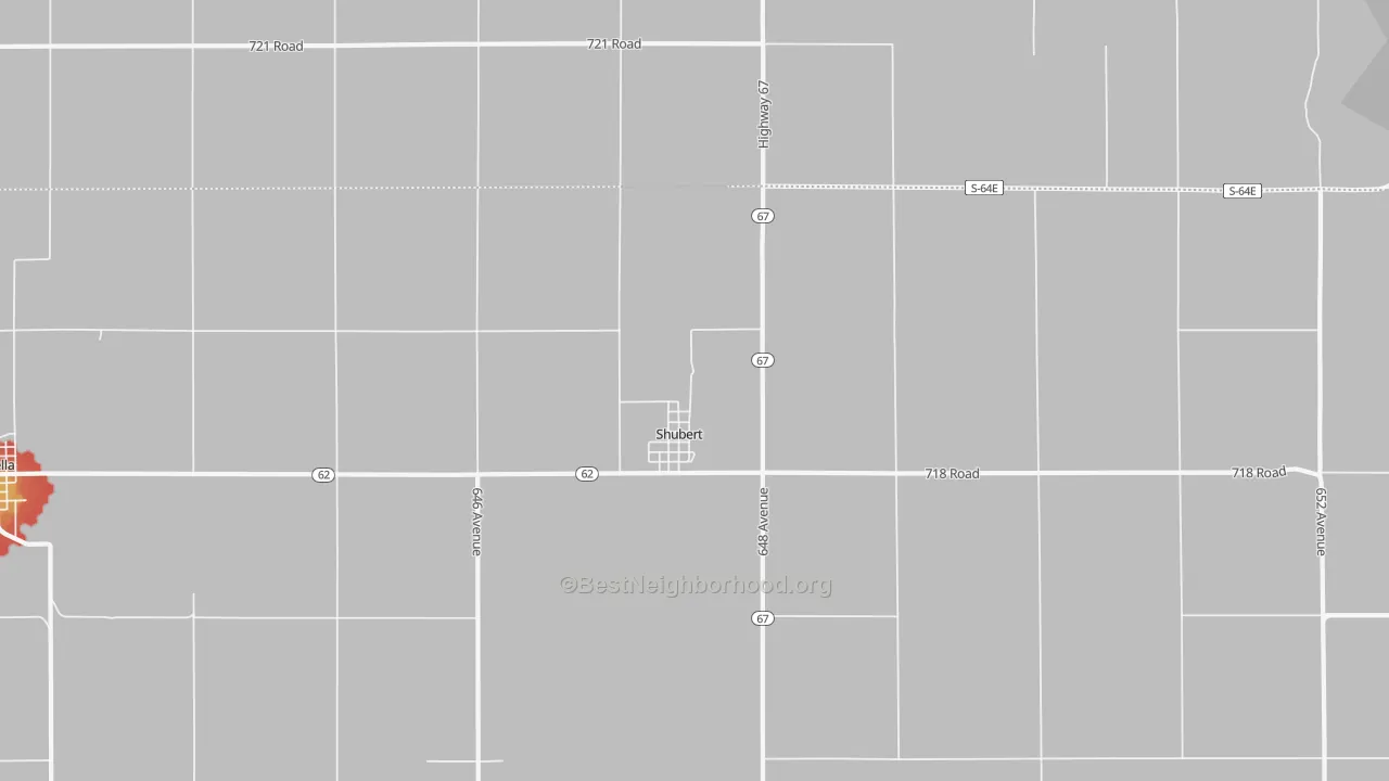 Walk Grade map of Shubert, NE, walkable areas in green and car-dependent areas in red