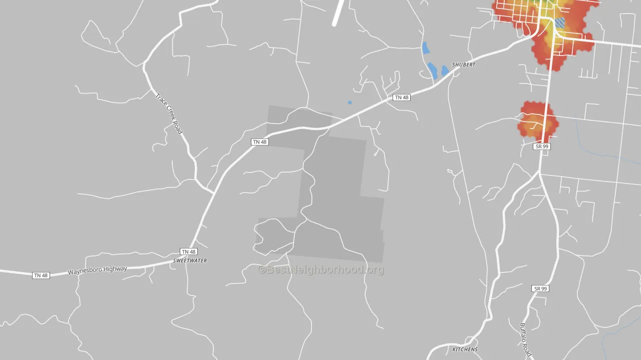 Walk Grade map of Shubert, TN, walkable areas in green and car-dependent areas in red