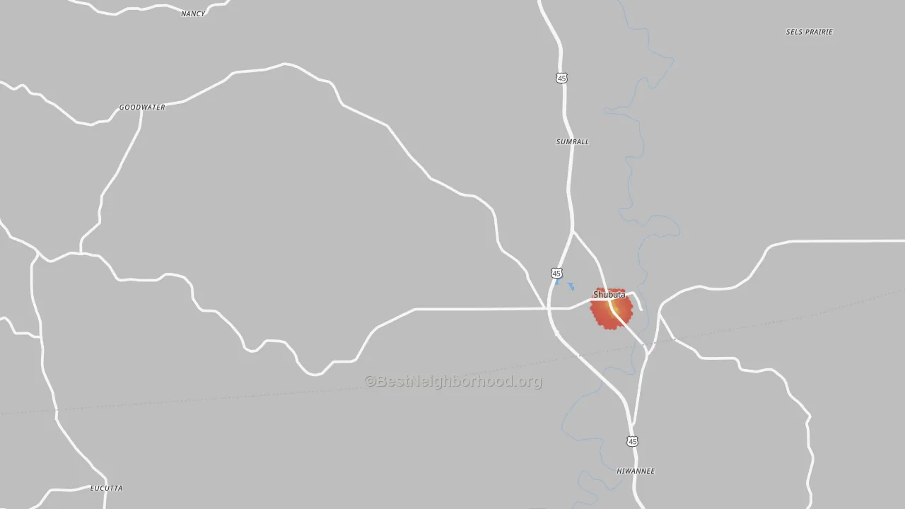 Walk Grade map of Shubuta, MS, walkable areas in green and car-dependent areas in red