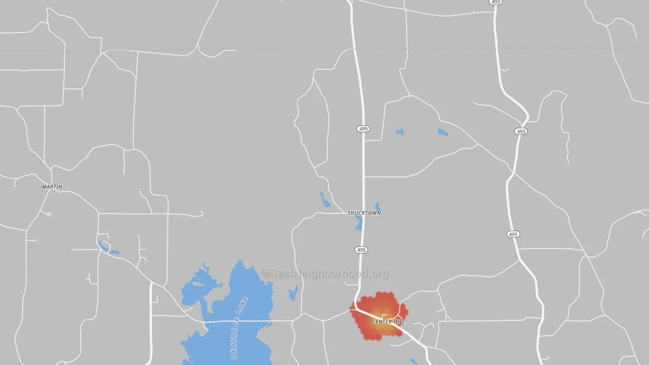 Walk Grade map of Shucktown, MS, walkable areas in green and car-dependent areas in red