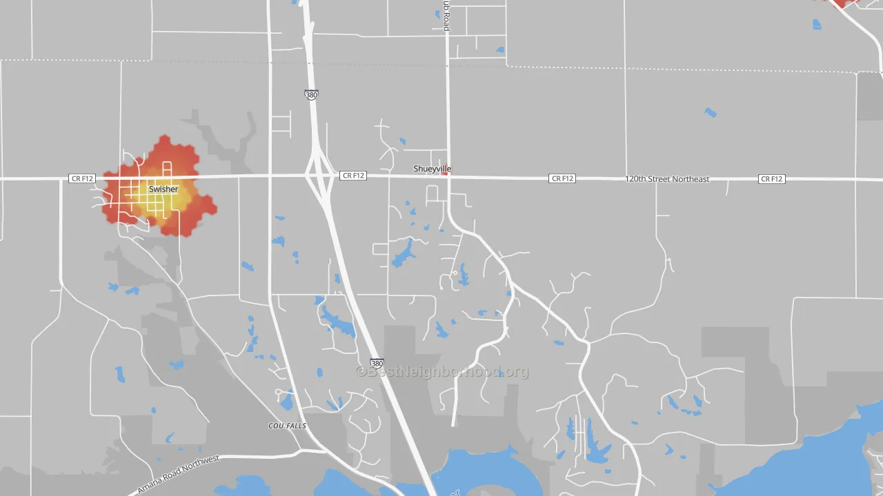 Walk Grade map of Shueyville, IA, walkable areas in green and car-dependent areas in red