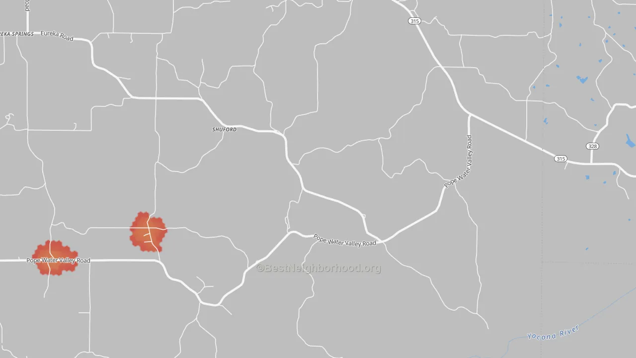 Walk Grade map of Shuford, MS, walkable areas in green and car-dependent areas in red