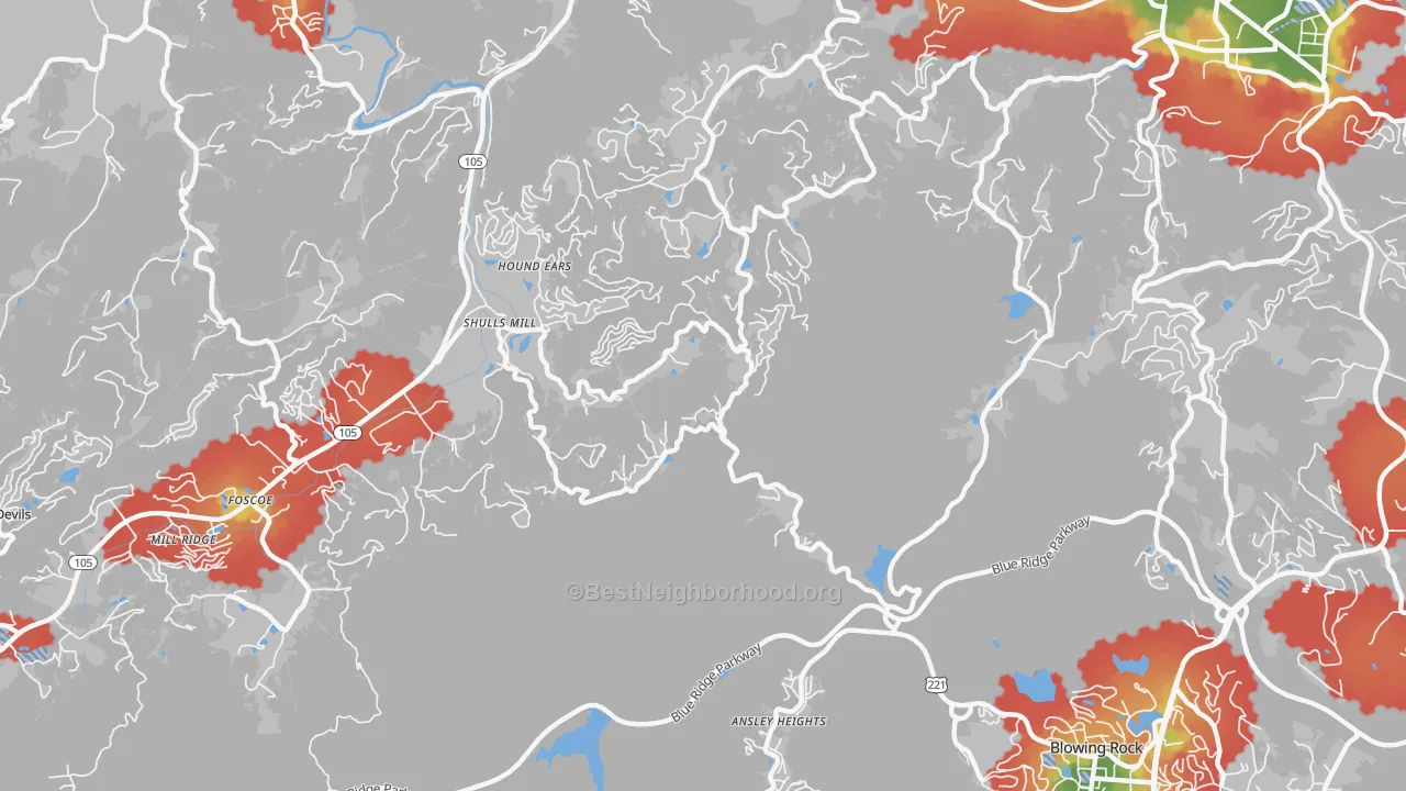 Walk Grade map of Shulls Mill, NC, walkable areas in green and car-dependent areas in red