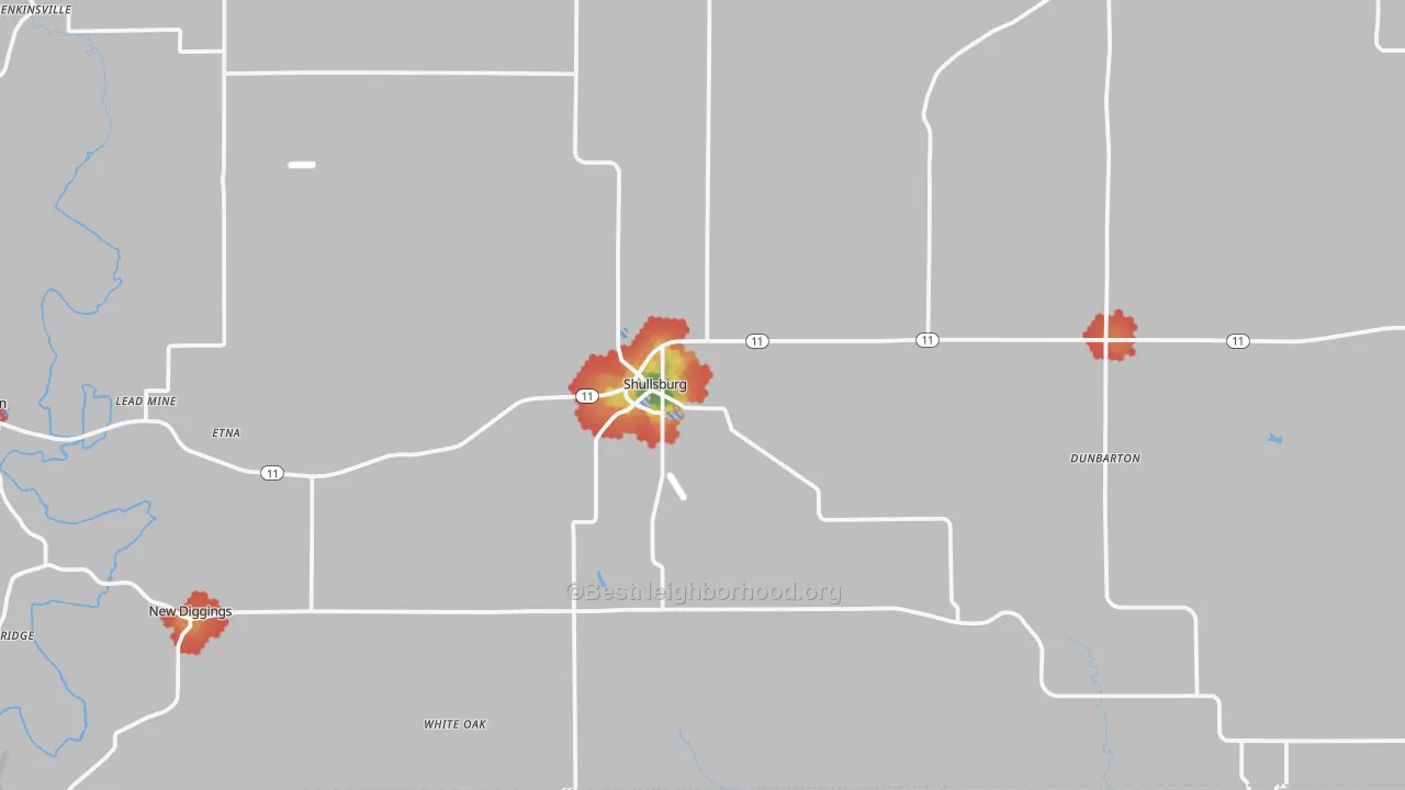 Walk Grade map of Shullsburg, WI, walkable areas in green and car-dependent areas in red