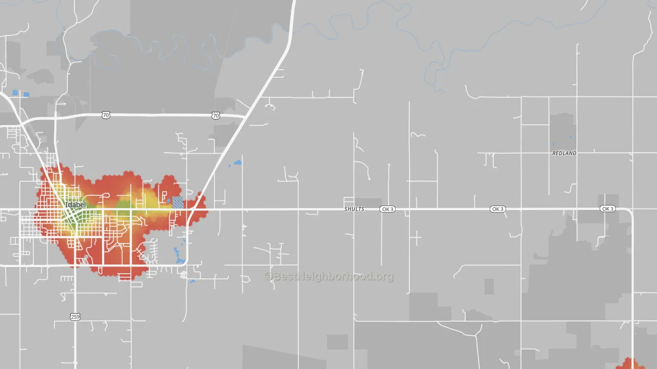 Walk Grade map of Shults, OK, walkable areas in green and car-dependent areas in red