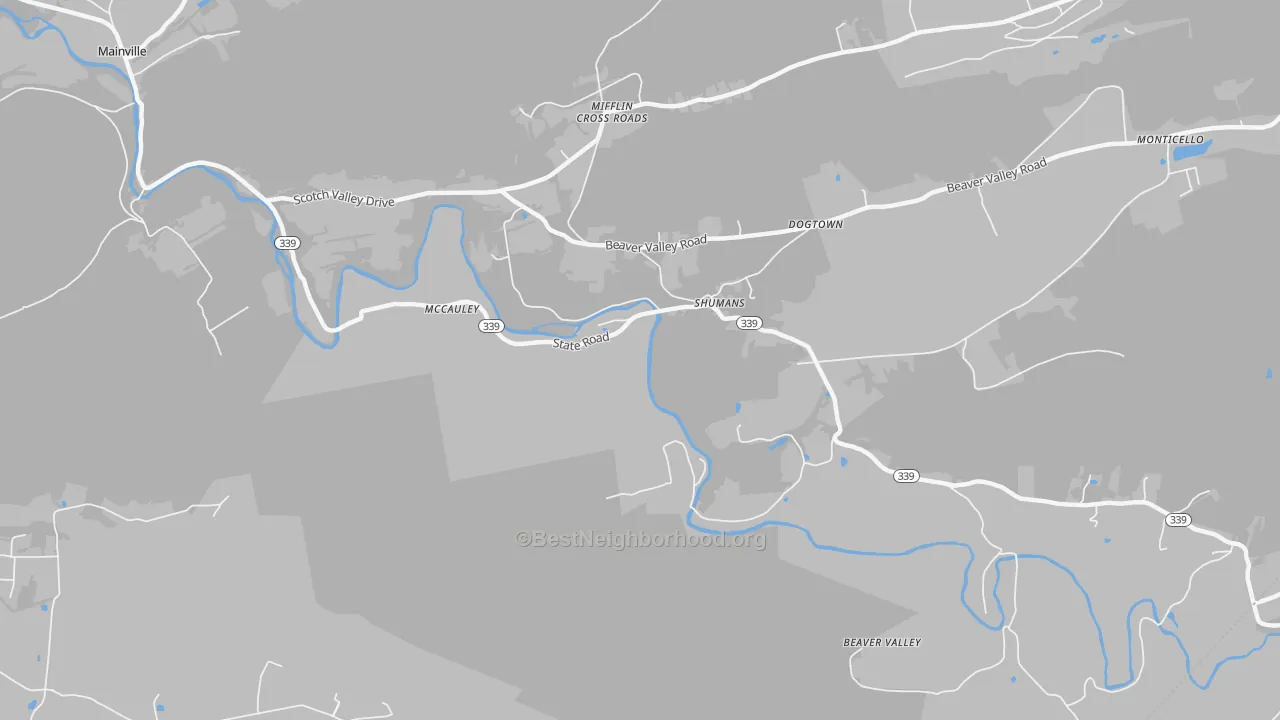 Walk Grade map of Shumans, PA, walkable areas in green and car-dependent areas in red