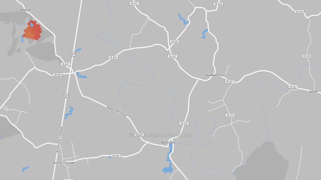Walk Grade map of Shumansville, VA, walkable areas in green and car-dependent areas in red