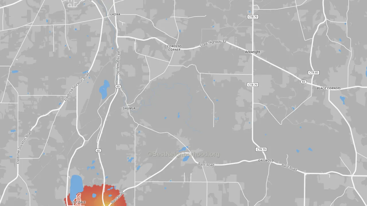 Walk Grade map of Shumla, NY, walkable areas in green and car-dependent areas in red