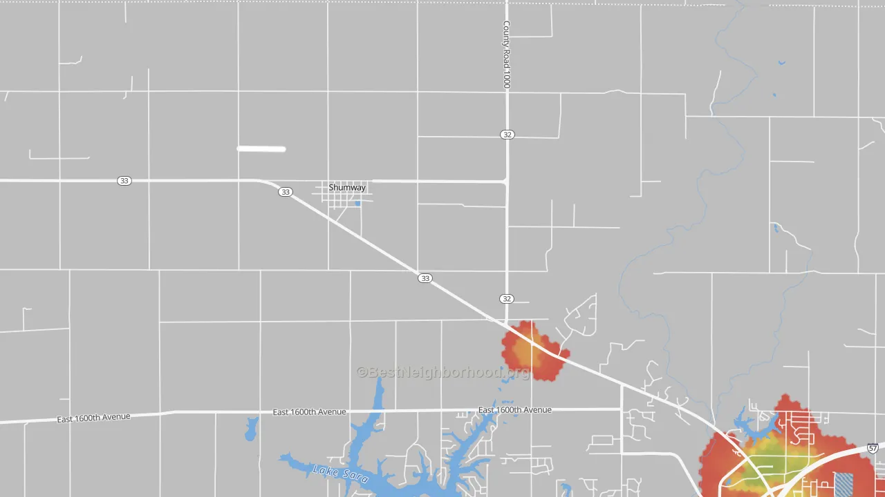 Walk Grade map of Shumway, IL, walkable areas in green and car-dependent areas in red