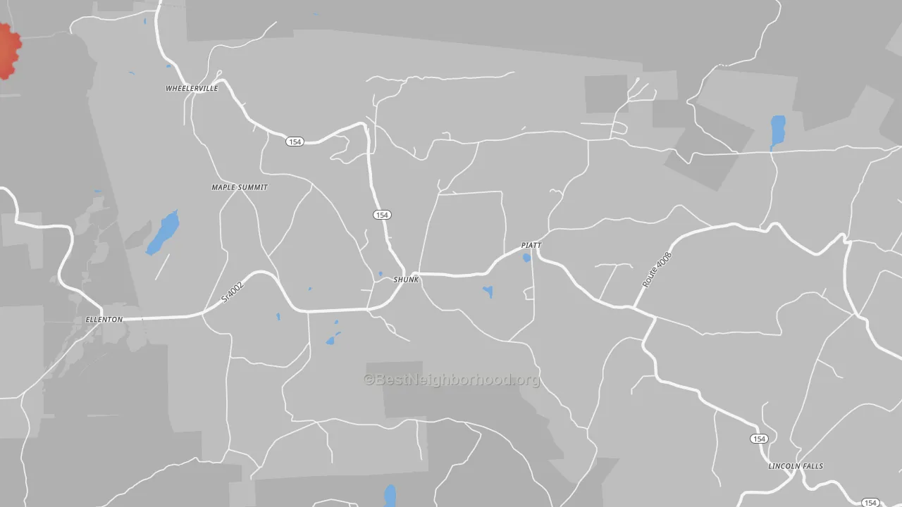 Walk Grade map of Shunk, PA, walkable areas in green and car-dependent areas in red