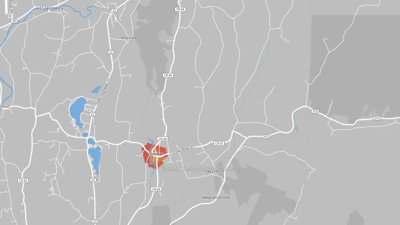 Walk Grade map of Shushan, NY, walkable areas in green and car-dependent areas in red