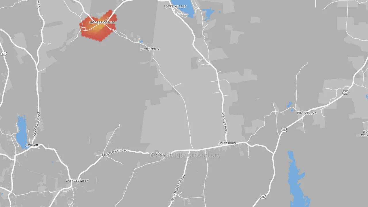 Walk Grade map of Shutesbury, MA, walkable areas in green and car-dependent areas in red