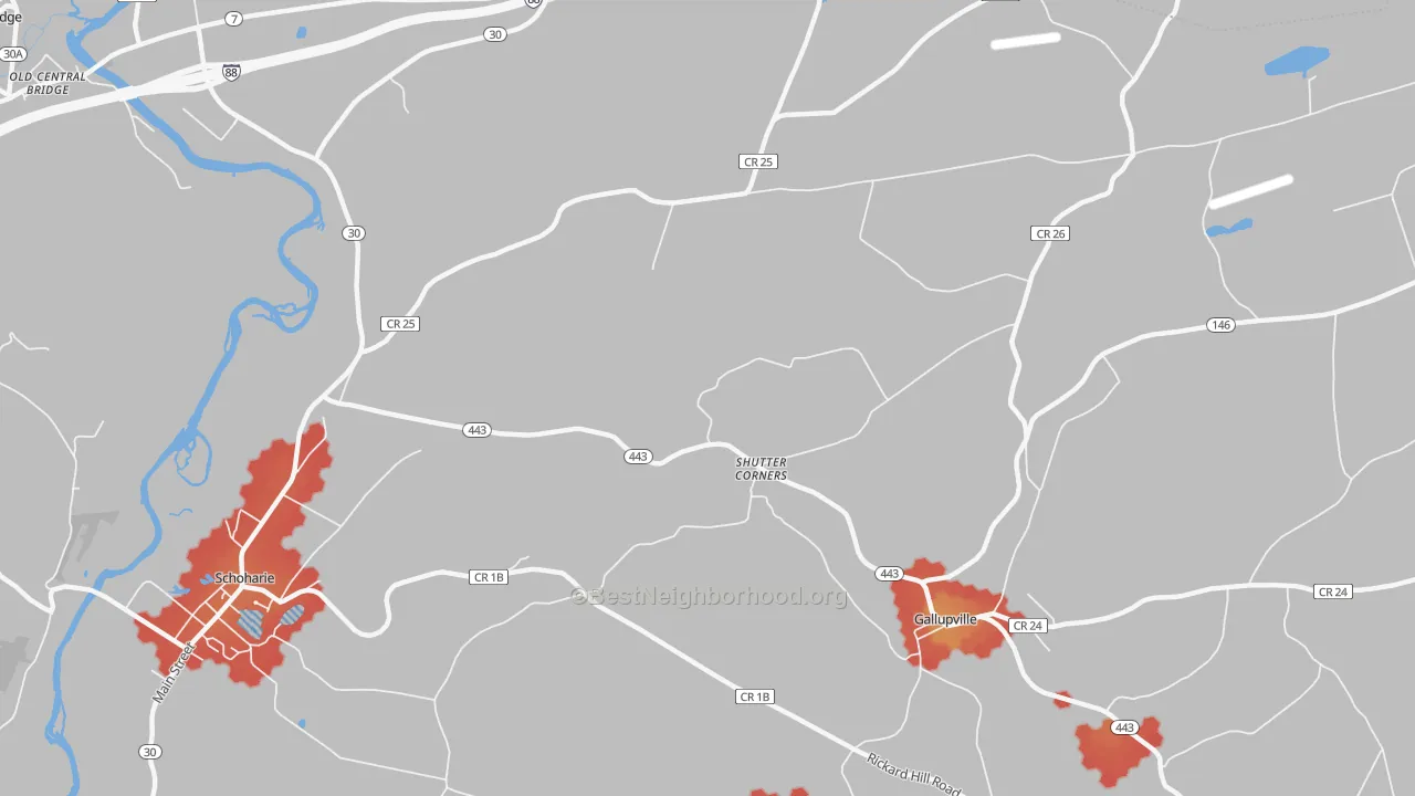 Walk Grade map of Shutter Corners, NY, walkable areas in green and car-dependent areas in red