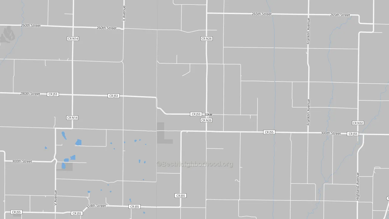 Walk Grade map of Siam, IA, walkable areas in green and car-dependent areas in red