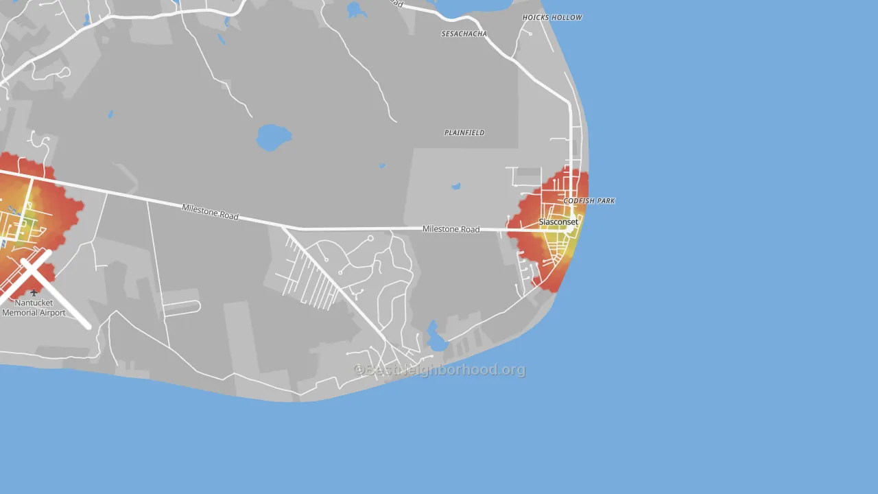 Walk Grade map of Siasconset, MA, walkable areas in green and car-dependent areas in red