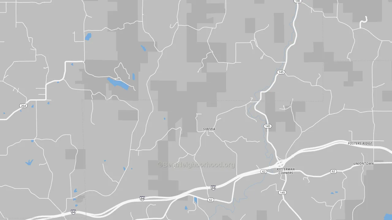 Walk Grade map of Siberia, IN, walkable areas in green and car-dependent areas in red
