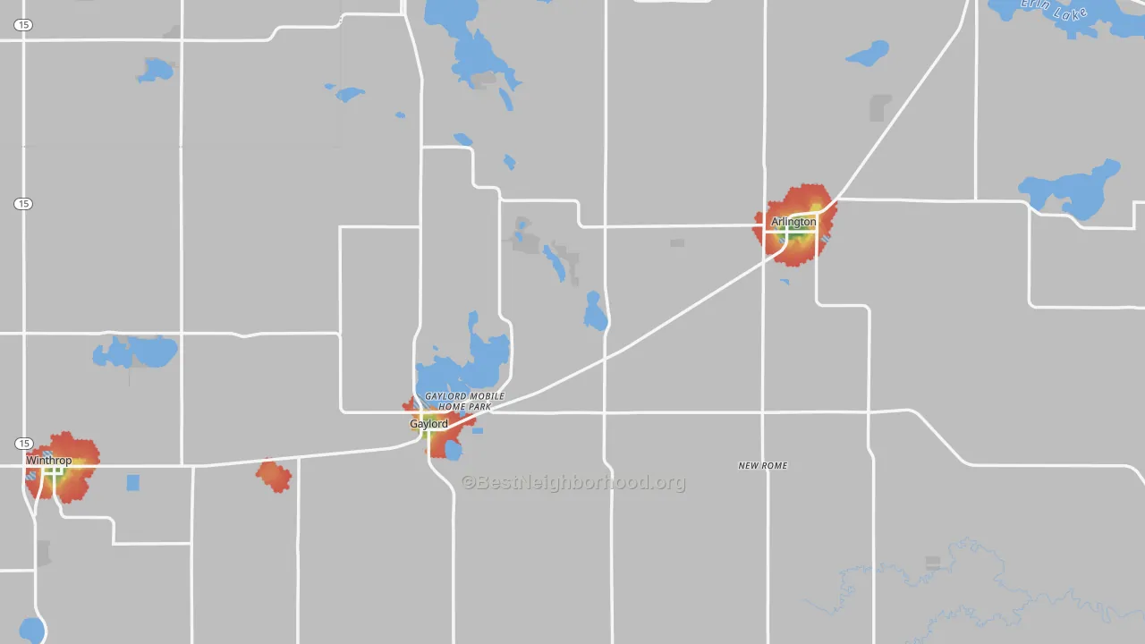 Walk Grade map of Sibley County, MN, walkable areas in green and car-dependent areas in red