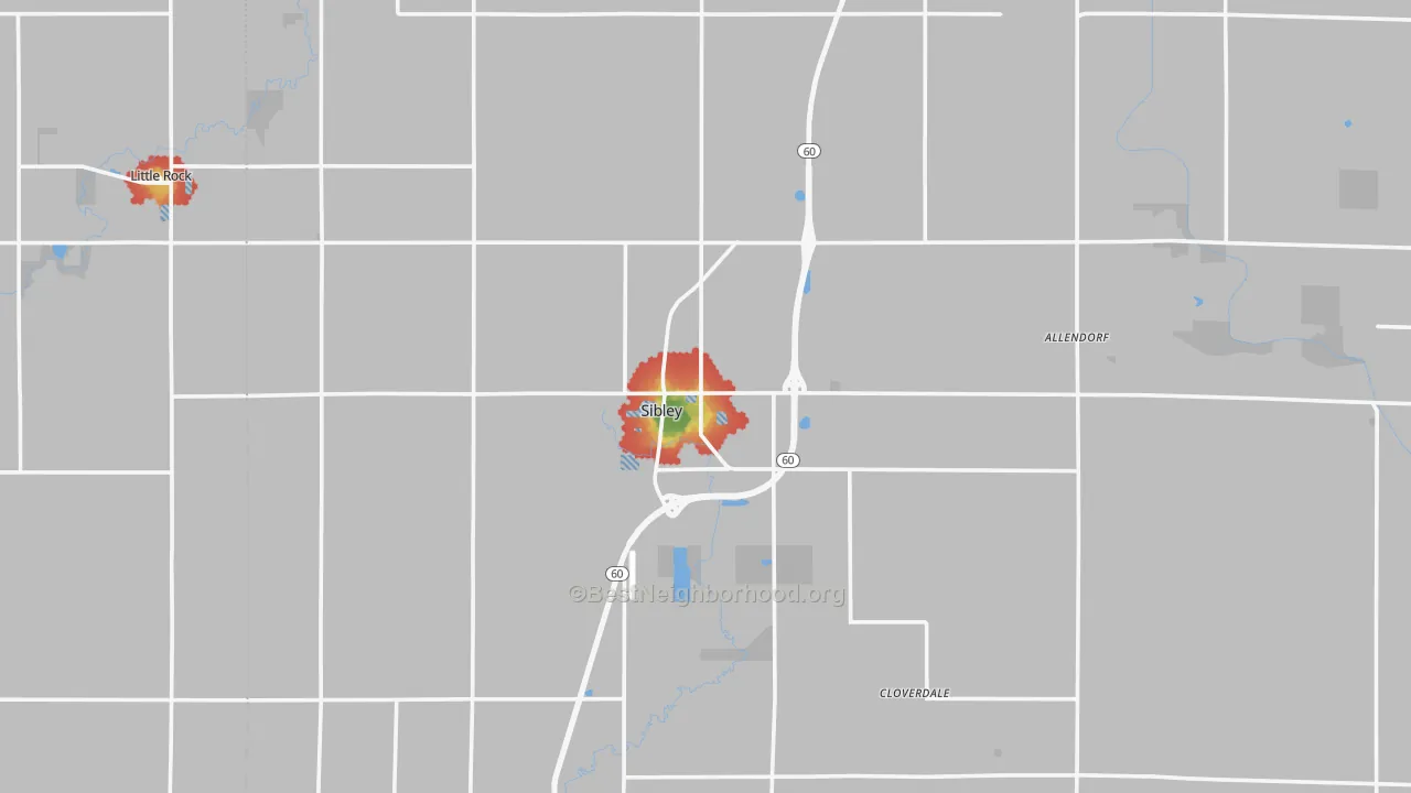 Walk Grade map of Sibley, IA, walkable areas in green and car-dependent areas in red