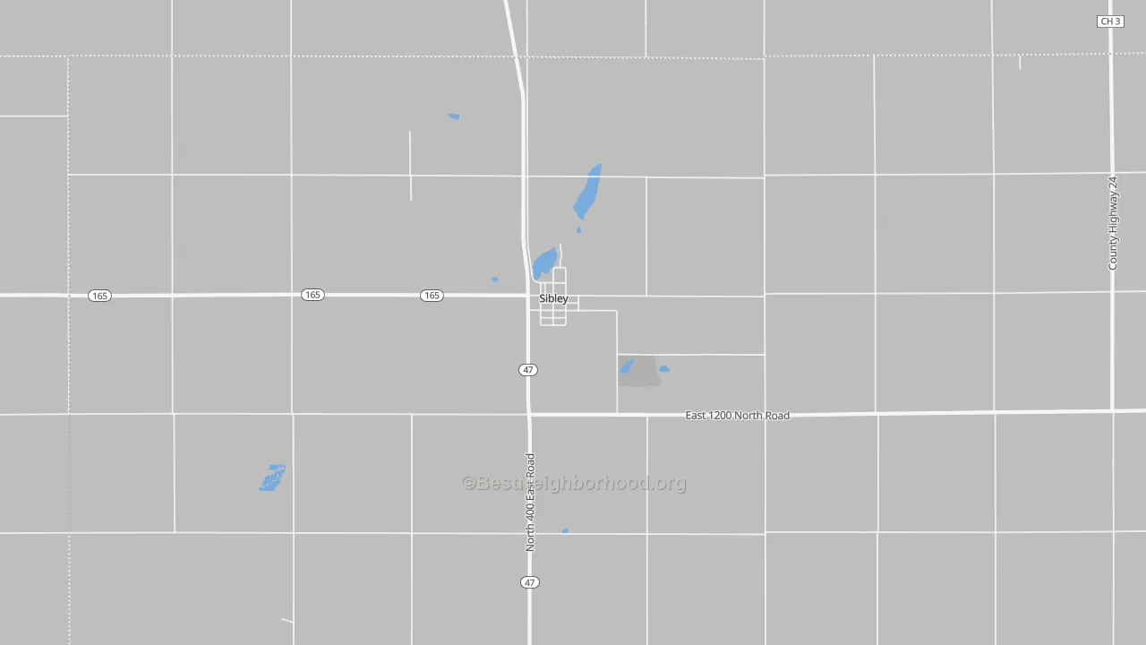 Walk Grade map of Sibley, IL, walkable areas in green and car-dependent areas in red