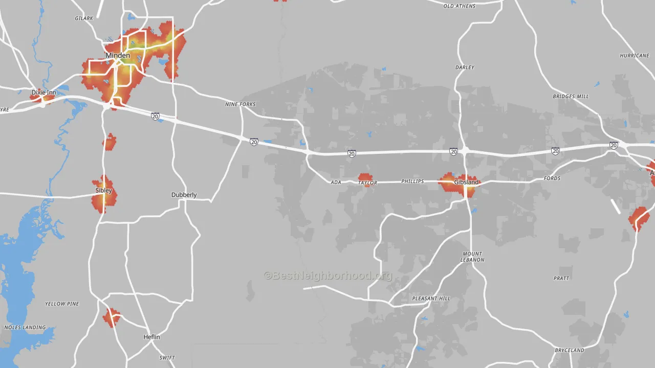 Walk Grade map of Sibley, LA, walkable areas in green and car-dependent areas in red