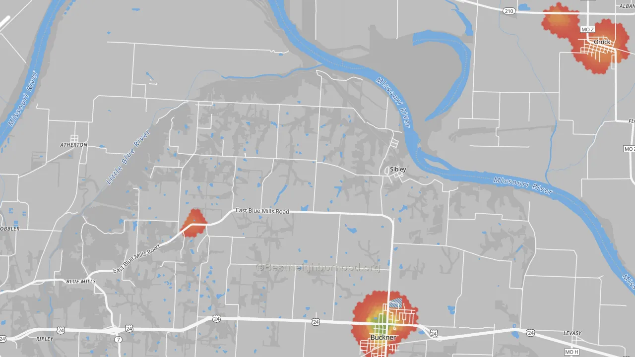 Walk Grade map of Sibley, MO, walkable areas in green and car-dependent areas in red