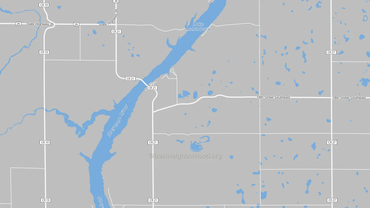 Walk Grade map of Sibley, ND, walkable areas in green and car-dependent areas in red