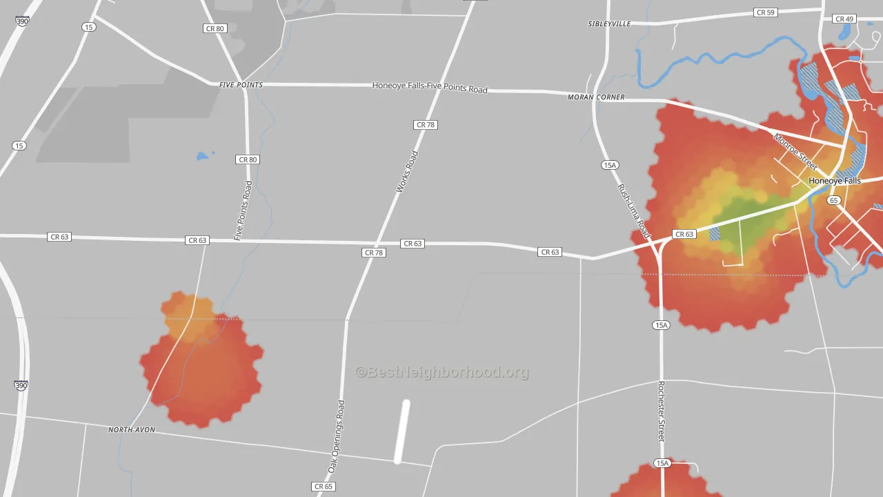 Walk Grade map of Sibleyville, NY, walkable areas in green and car-dependent areas in red