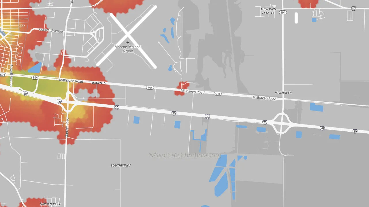 Walk Grade map of Sicard, LA, walkable areas in green and car-dependent areas in red