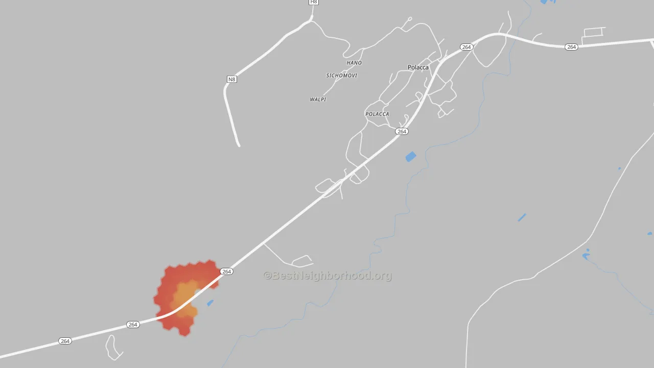 Walk Grade map of Sichomovi, AZ, walkable areas in green and car-dependent areas in red