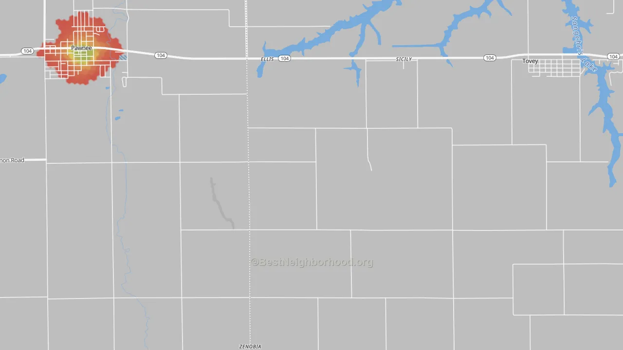 Walk Grade map of Sicily, IL, walkable areas in green and car-dependent areas in red