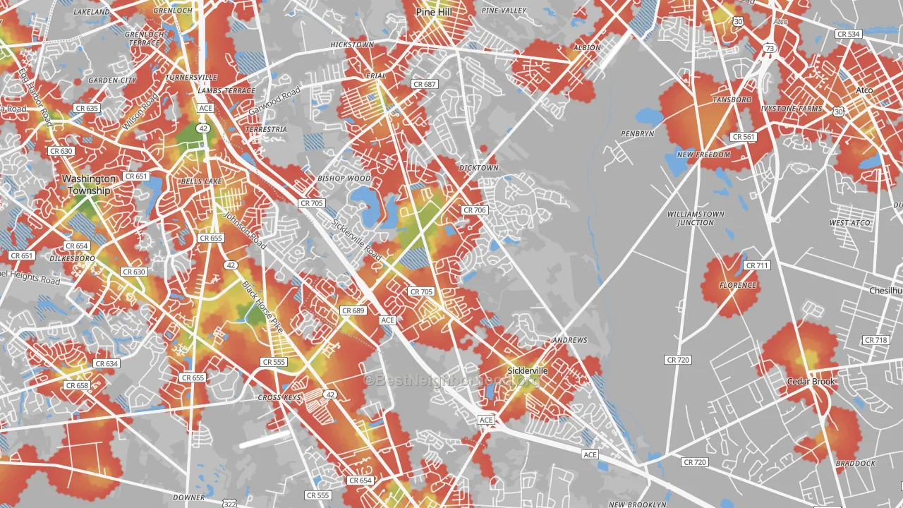 Walk Grade map of Sicklerville, NJ, walkable areas in green and car-dependent areas in red