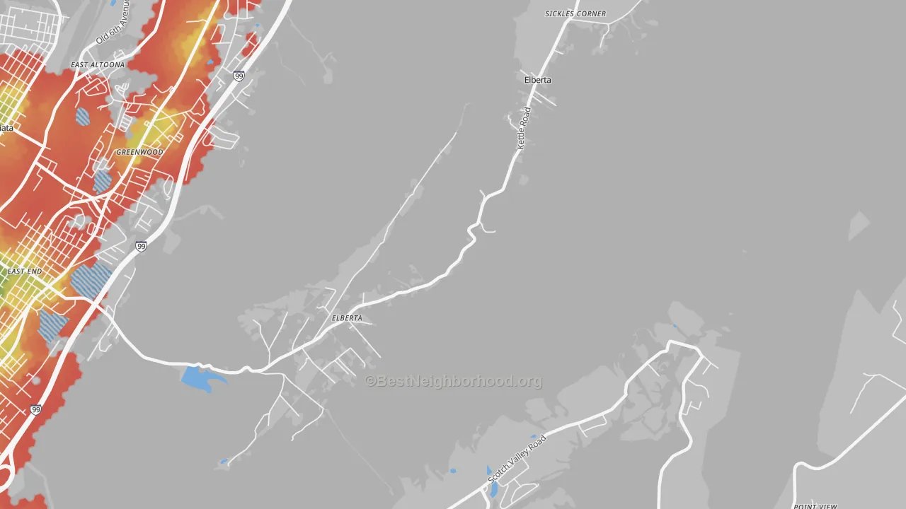 Walk Grade map of Sickles Corner, PA, walkable areas in green and car-dependent areas in red