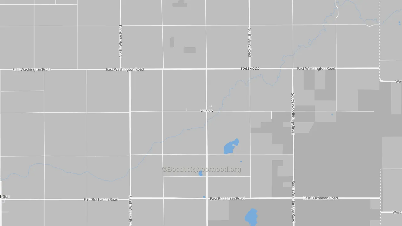 Walk Grade map of Sickles, MI, walkable areas in green and car-dependent areas in red