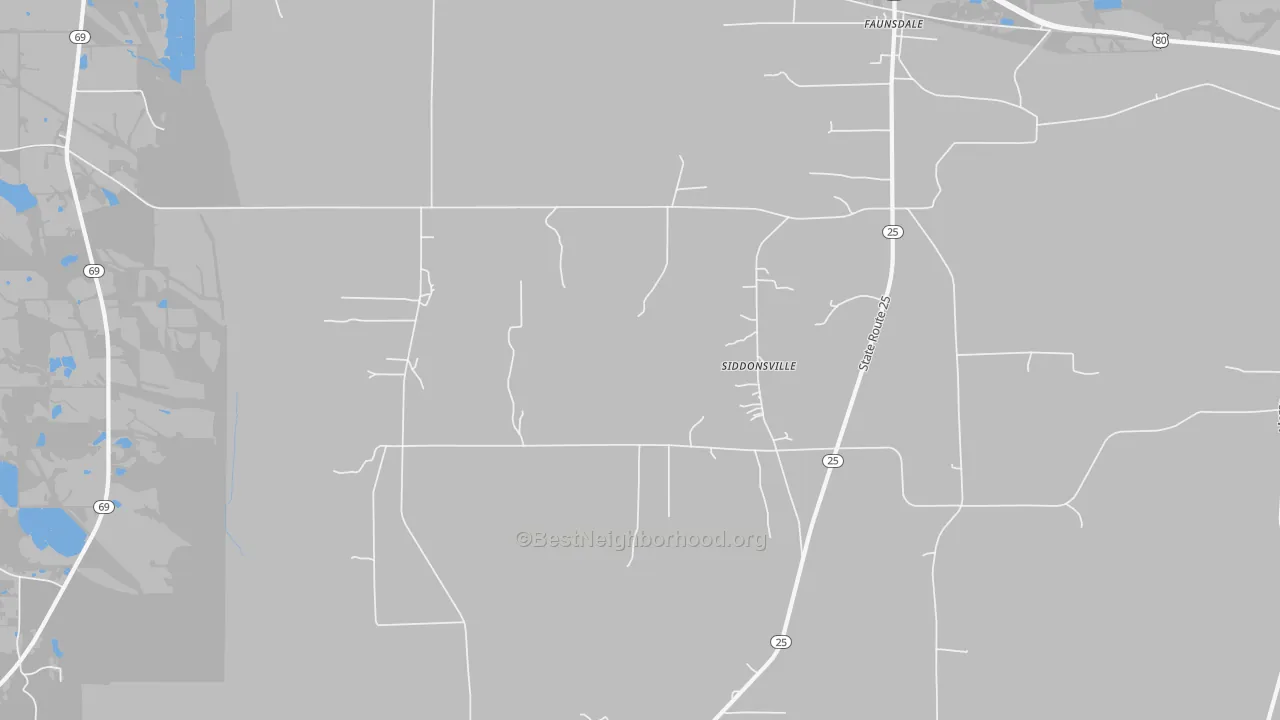 Walk Grade map of Siddonsville, AL, walkable areas in green and car-dependent areas in red