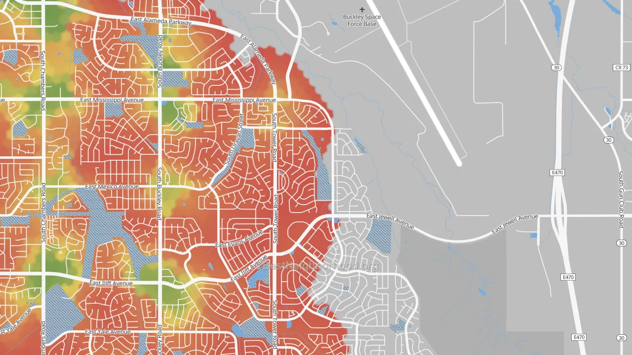 Walk Grade map of Side Creek, Aurora, CO, walkable areas in green and car-dependent areas in red