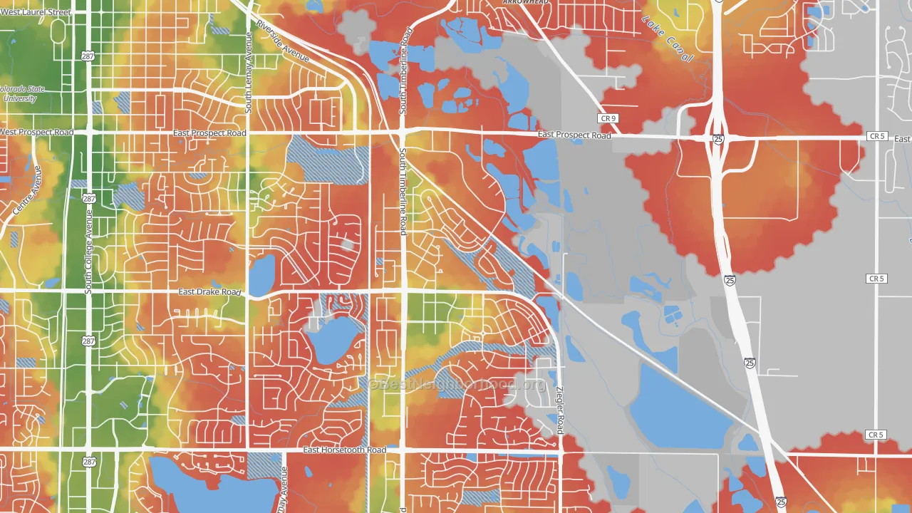 Walk Grade map of Side Hill, Fort Collins, CO, walkable areas in green and car-dependent areas in red